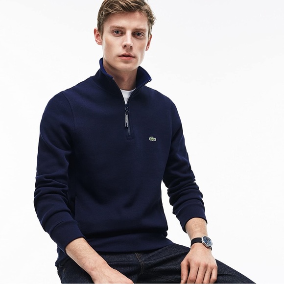 Lacoste Half Zip Pullover Sweatshirt Croc Logo Pockets Heavy Knit Navy Blue | XL - Picture 3 of 10